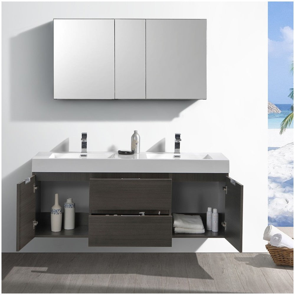 60 Gray Oak Wall Hung Double Sink Modern Bathroom Vanity w/ Medicine Cabinet