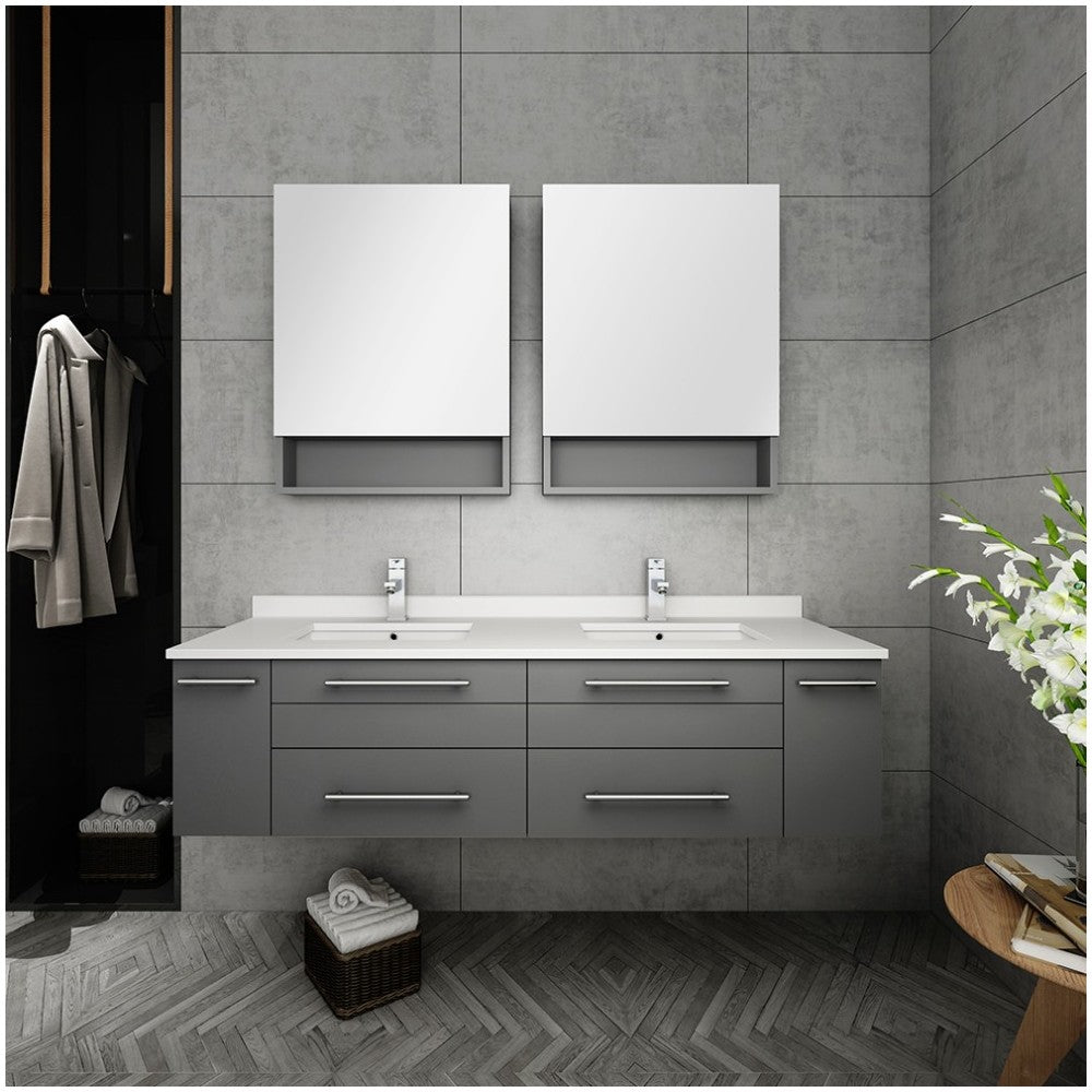 60 Gray Wall Hung Double Undermount Sink Bathroom Vanity w/ Medicine Cabinets