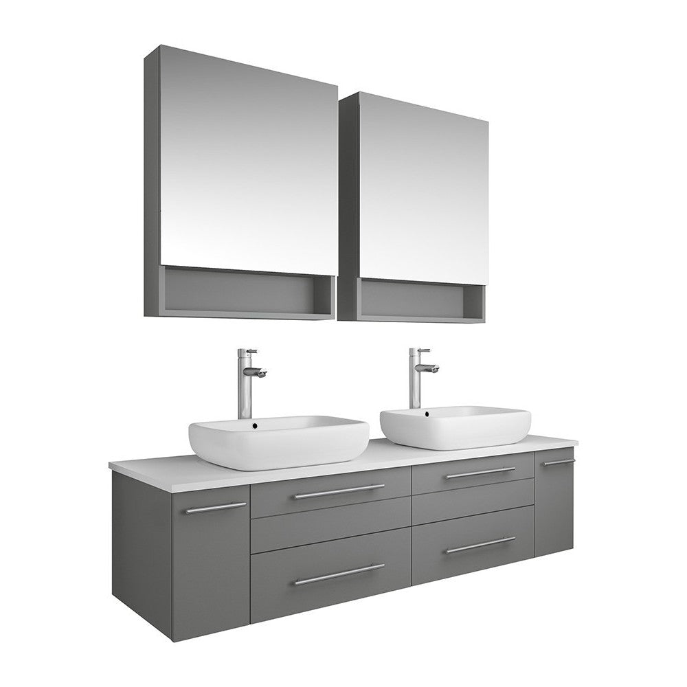 60 Gray Wall Hung Double Vessel Sink Modern Bathroom Vanity w/ Medicine Cabinets