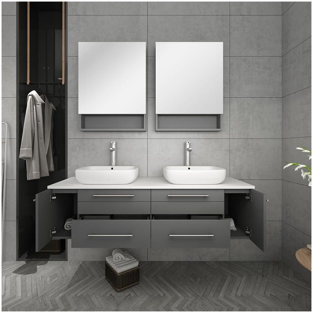 60 Gray Wall Hung Double Vessel Sink Modern Bathroom Vanity w/ Medicine Cabinets