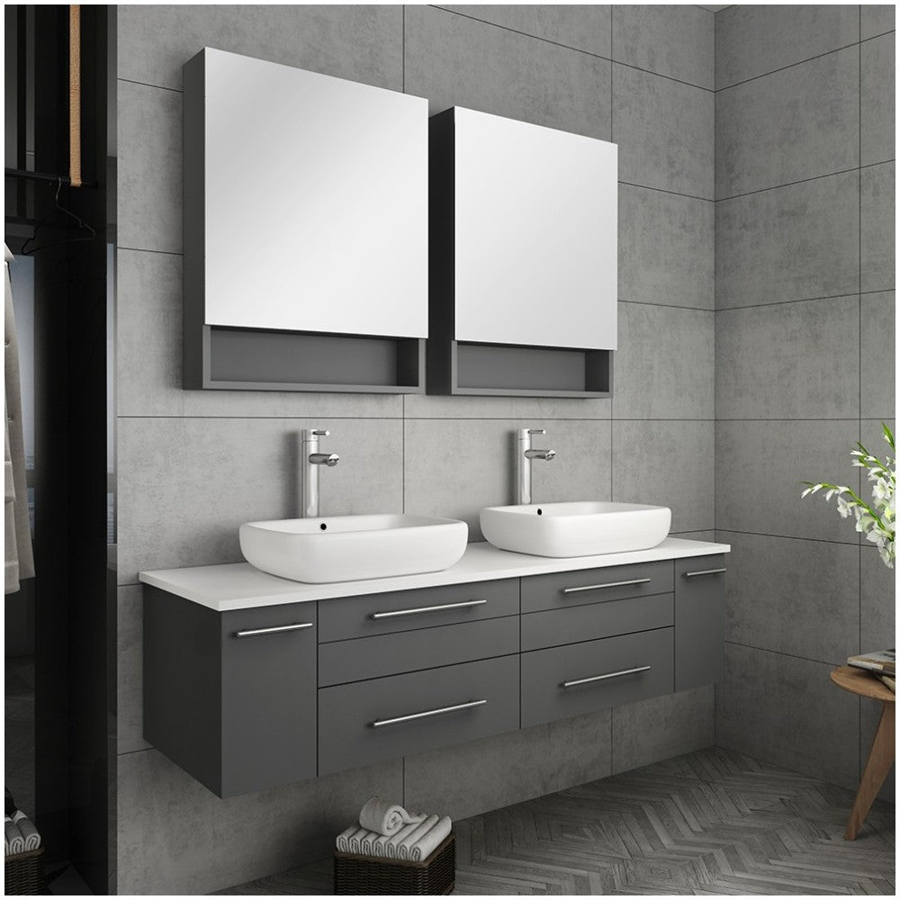 60 Gray Wall Hung Double Vessel Sink Modern Bathroom Vanity w/ Medicine Cabinets