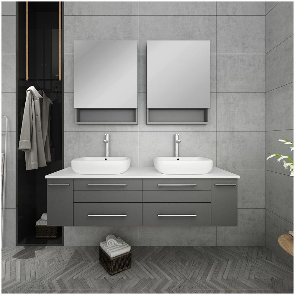 60 Gray Wall Hung Double Vessel Sink Modern Bathroom Vanity w/ Medicine Cabinets