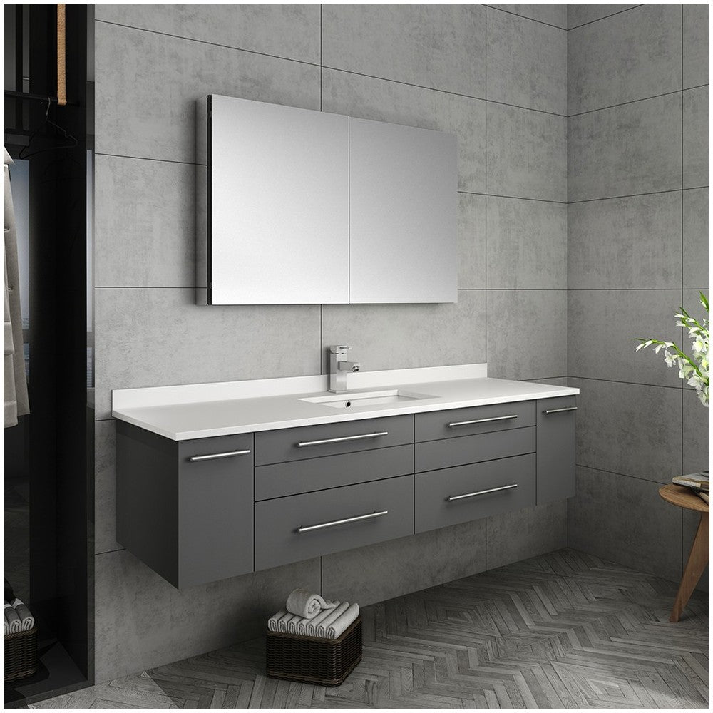 60 Gray Wall Hung Single Undermount Sink Bathroom Vanity w/ Medicine Cabinet