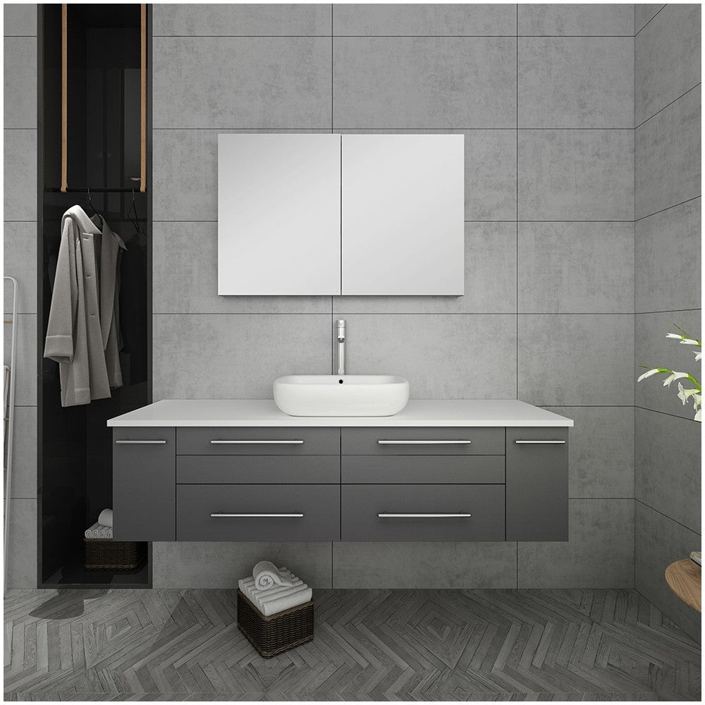 60 Gray Wall Hung Single Vessel Sink Modern Bathroom Vanity w/ Medicine Cabinet