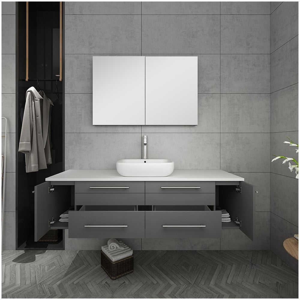 60 Gray Wall Hung Single Vessel Sink Modern Bathroom Vanity w/ Medicine Cabinet