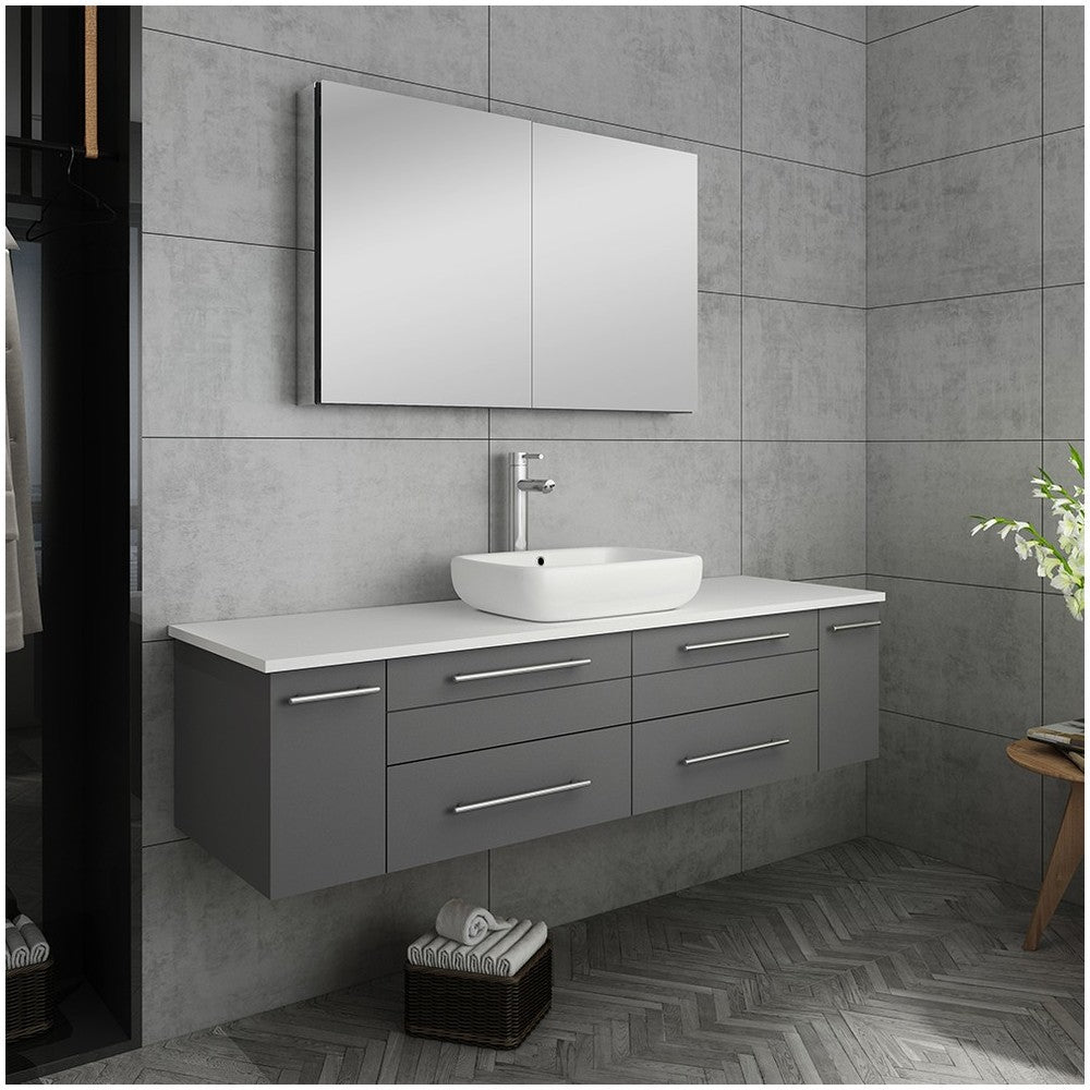 60 Gray Wall Hung Single Vessel Sink Modern Bathroom Vanity w/ Medicine Cabinet