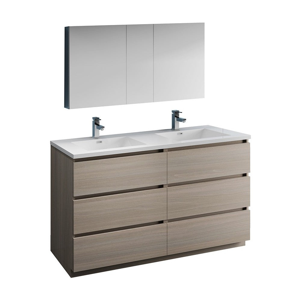 60 Gray Wood Free Standing Dbl Sink Bathroom Vanity, Medicine Cabinet, FVN93