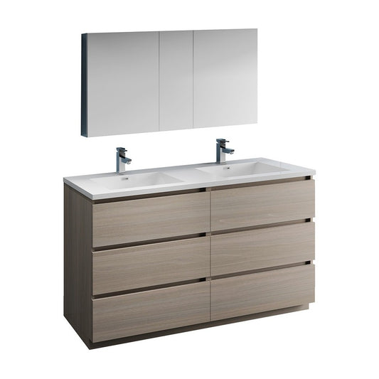 60 Gray Wood Free Standing Dbl Sink Bathroom Vanity, Medicine Cabinet, FVN93