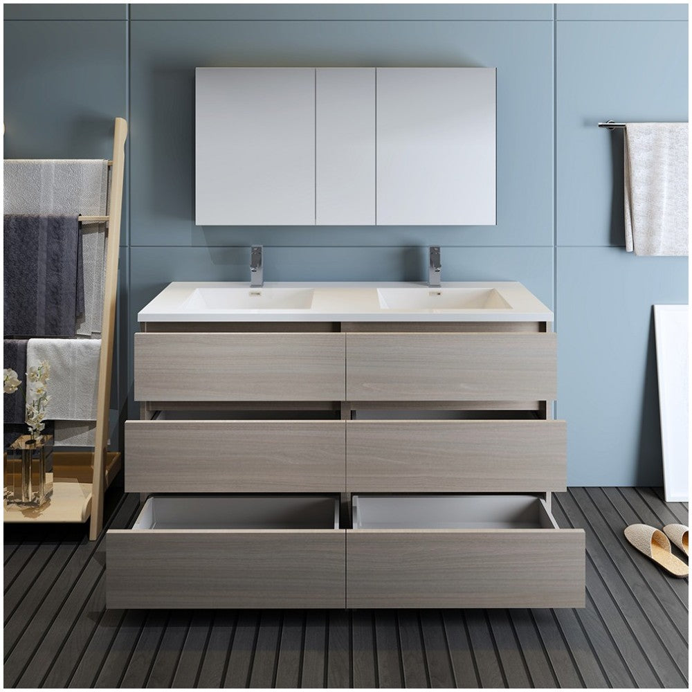 60 Gray Wood Free Standing Dbl Sink Bathroom Vanity, Medicine Cabinet, FVN93