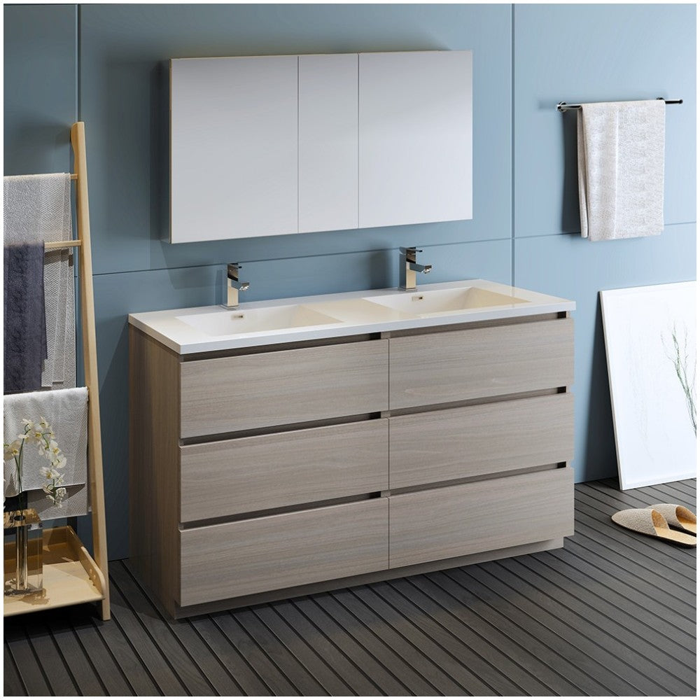 60 Gray Wood Free Standing Dbl Sink Bathroom Vanity, Medicine Cabinet, FVN93