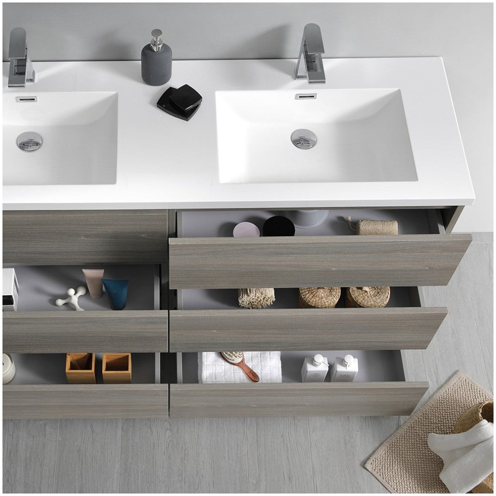 60 Gray Wood Free Standing Dbl Sink Bathroom Vanity, Medicine Cabinet, FVN93