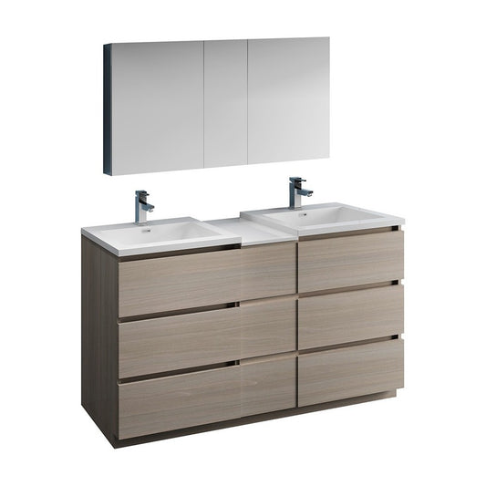 60 Gray Wood Free Standing Dbl Sink Bathroom Vanity, Medicine Cabinet