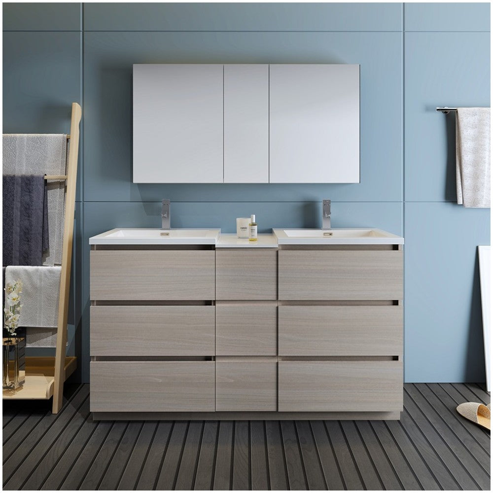 60 Gray Wood Free Standing Dbl Sink Bathroom Vanity, Medicine Cabinet