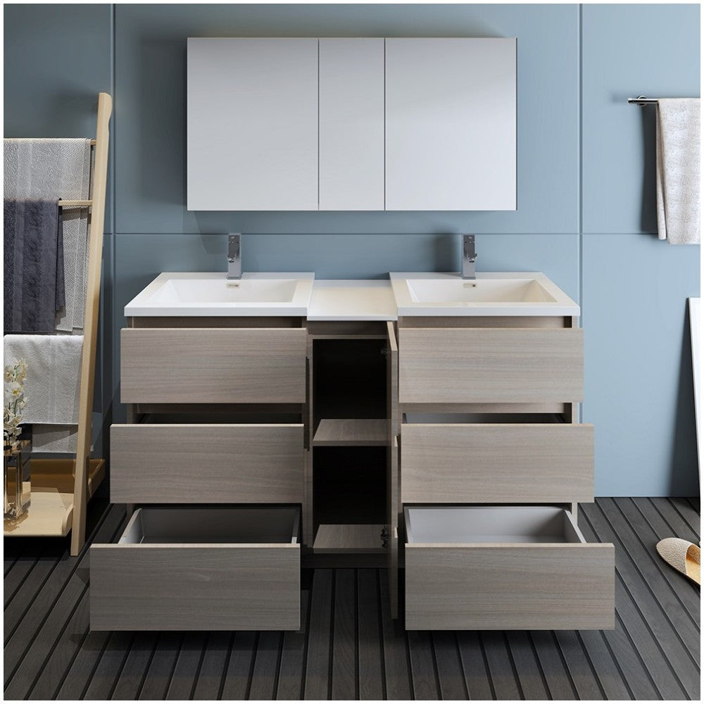 60 Gray Wood Free Standing Dbl Sink Bathroom Vanity, Medicine Cabinet