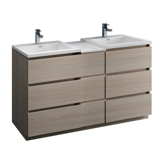 60 Gray Wood Free Standing Double Sink Bathroom Cabinet w/ Integrated Sinks