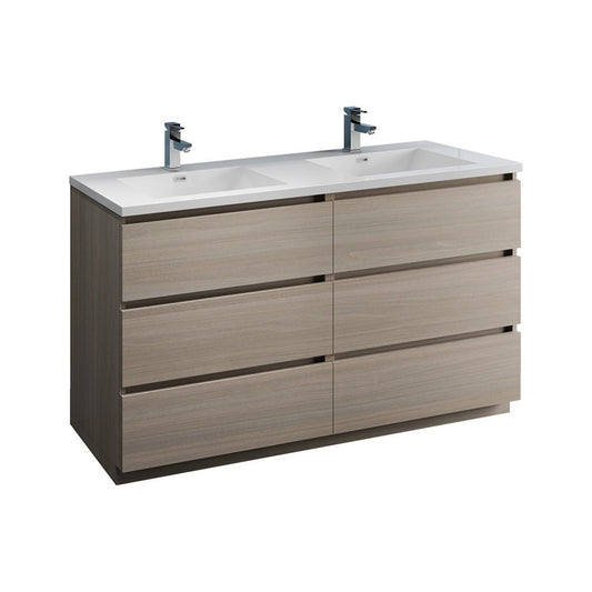60 Gray Wood Free Standing Modern Bathroom Cabinet w/ Integrated Double Sink