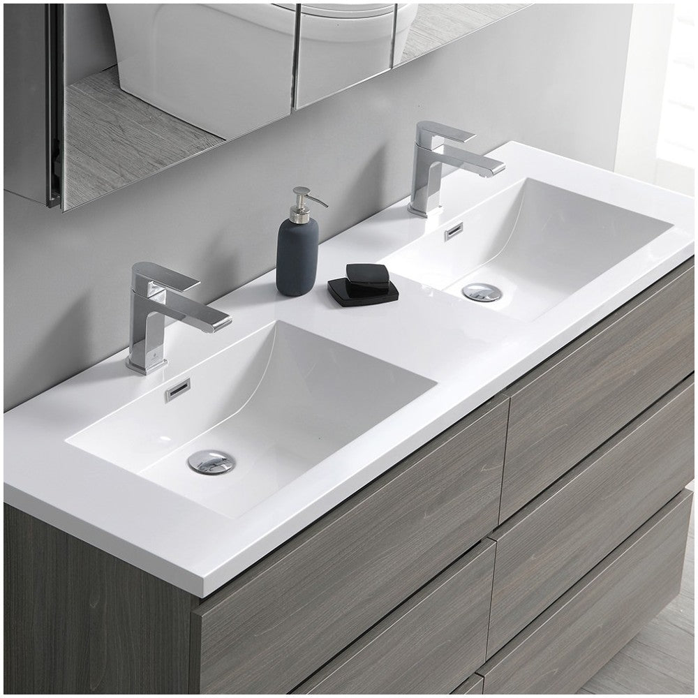 60 Gray Wood Free Standing Modern Bathroom Cabinet w/ Integrated Double Sink