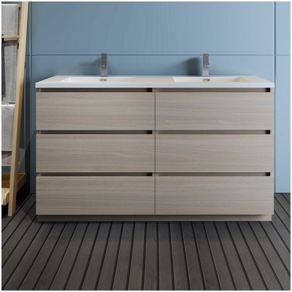 60 Gray Wood Free Standing Modern Bathroom Cabinet w/ Integrated Double Sink