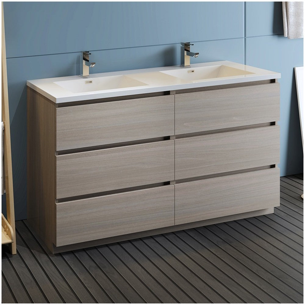 60 Gray Wood Free Standing Modern Bathroom Cabinet w/ Integrated Double Sink