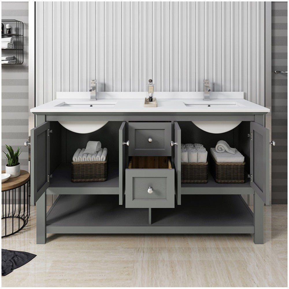 60 Gray Wood Veneer Traditional Double Sink Bathroom Cabinet w/ Top & Sinks