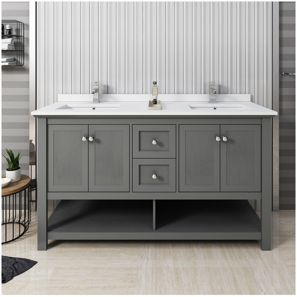 60 Gray Wood Veneer Traditional Double Sink Bathroom Cabinet w/ Top & Sinks