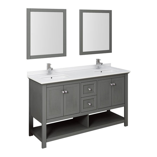 60 Gray Wood Veneer Traditional Double Sink Bathroom Vanity w/ Mirrors