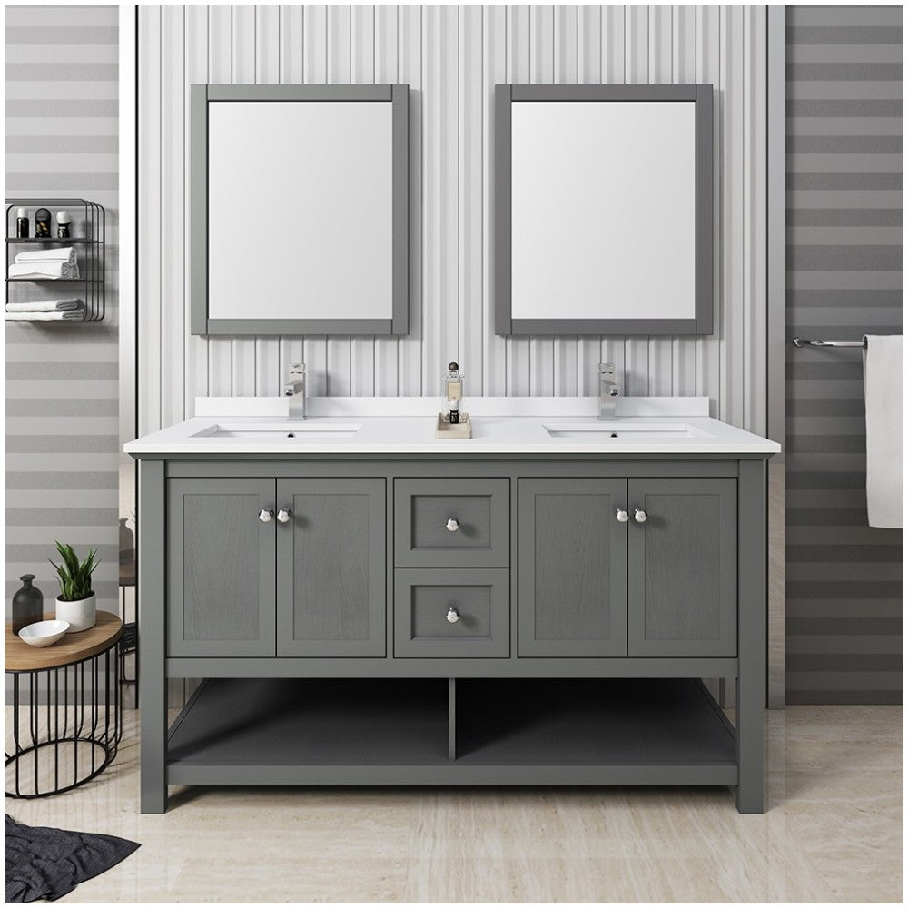 60 Gray Wood Veneer Traditional Double Sink Bathroom Vanity w/ Mirrors