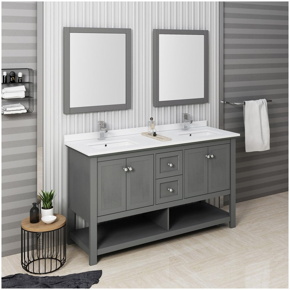 60 Gray Wood Veneer Traditional Double Sink Bathroom Vanity w/ Mirrors