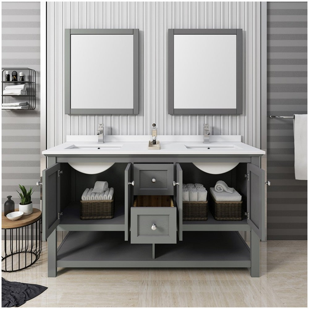 60 Gray Wood Veneer Traditional Double Sink Bathroom Vanity w/ Mirrors