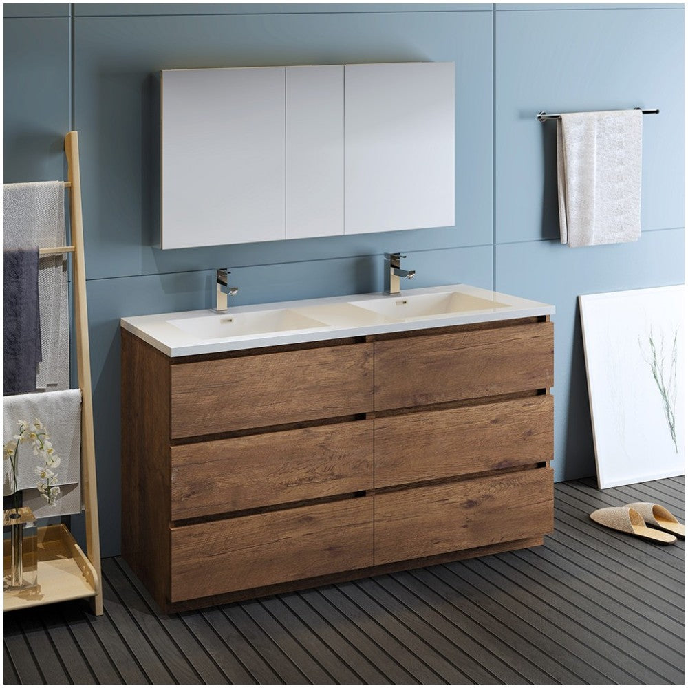 60 Rosewood Free Standing Dbl Sink Bathroom Vanity, Medicine Cabinet, FVN93