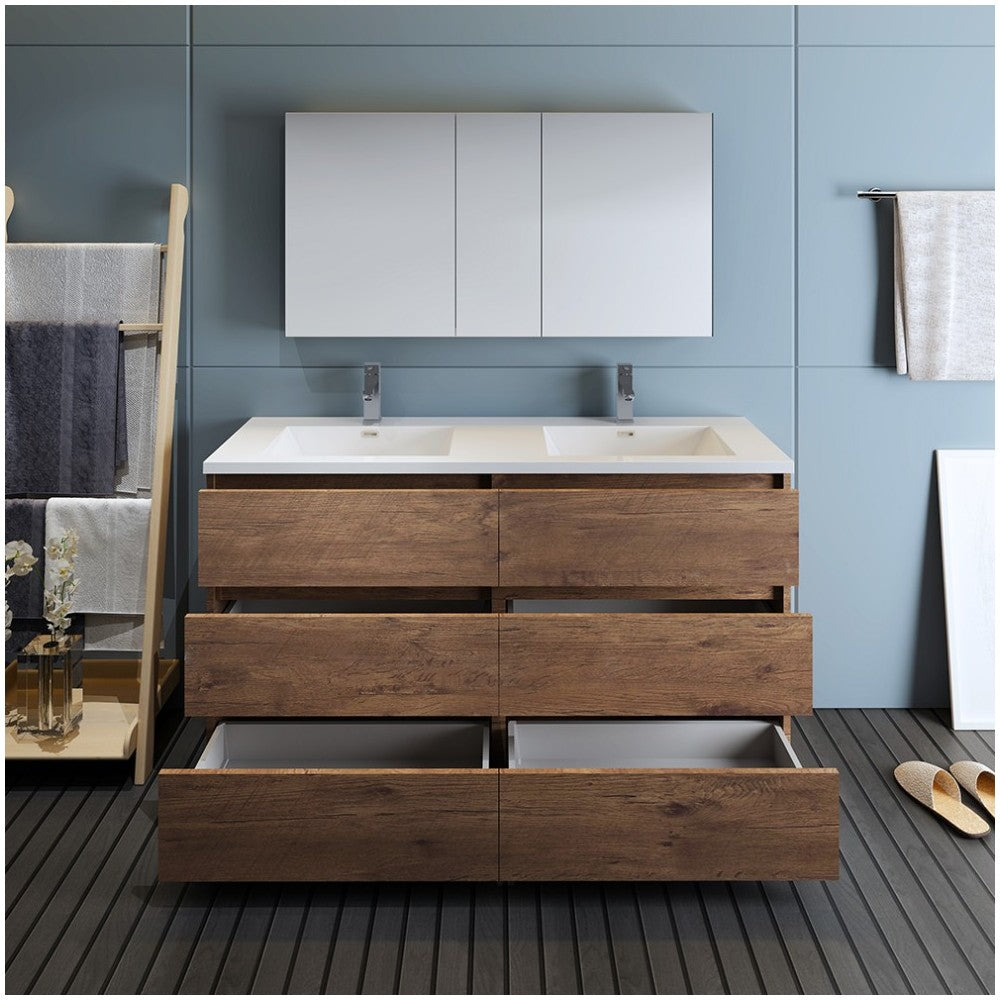 60 Rosewood Free Standing Dbl Sink Bathroom Vanity, Medicine Cabinet, FVN93