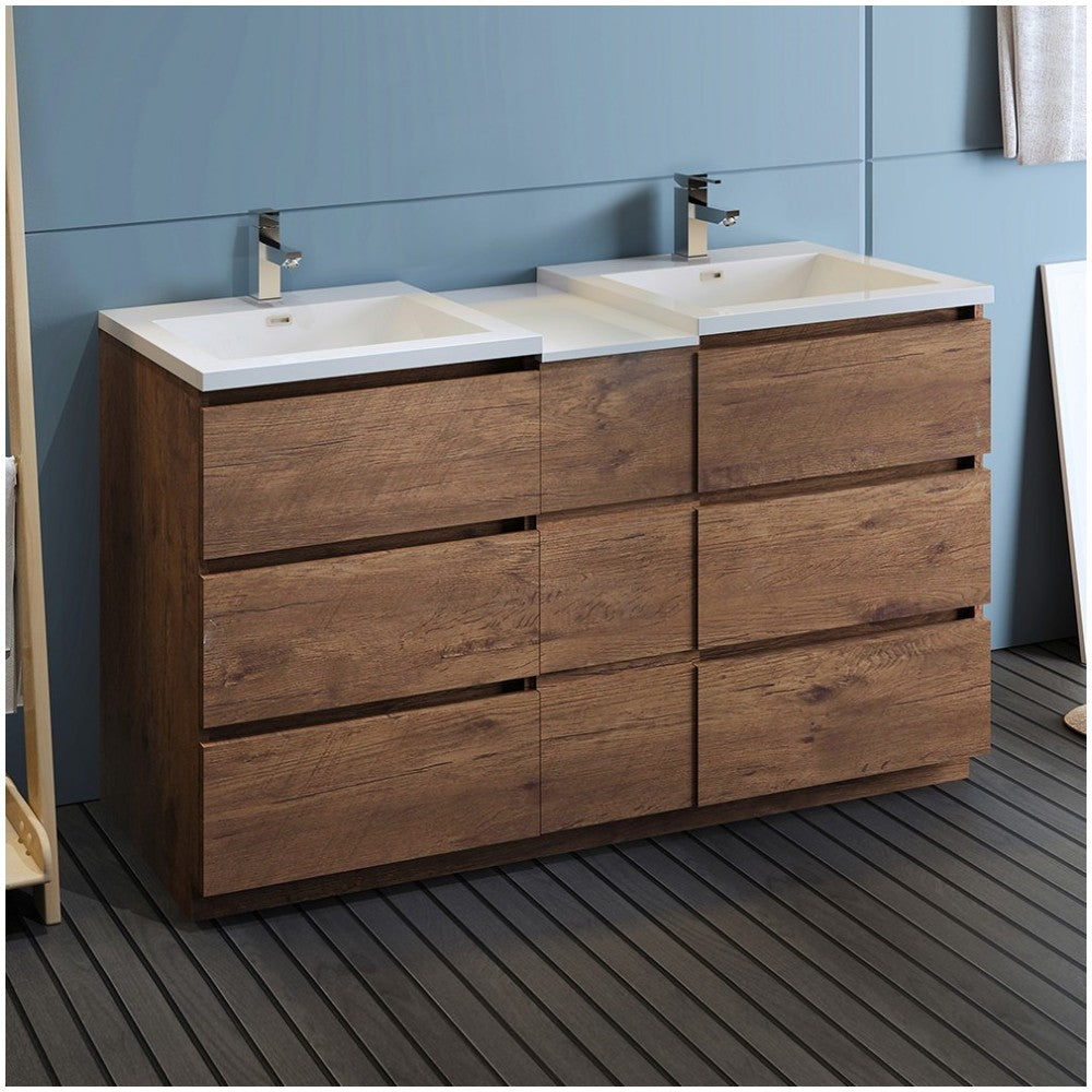 60 Rosewood Free Standing Double Sink Bathroom Cabinet w/ Integrated Sinks