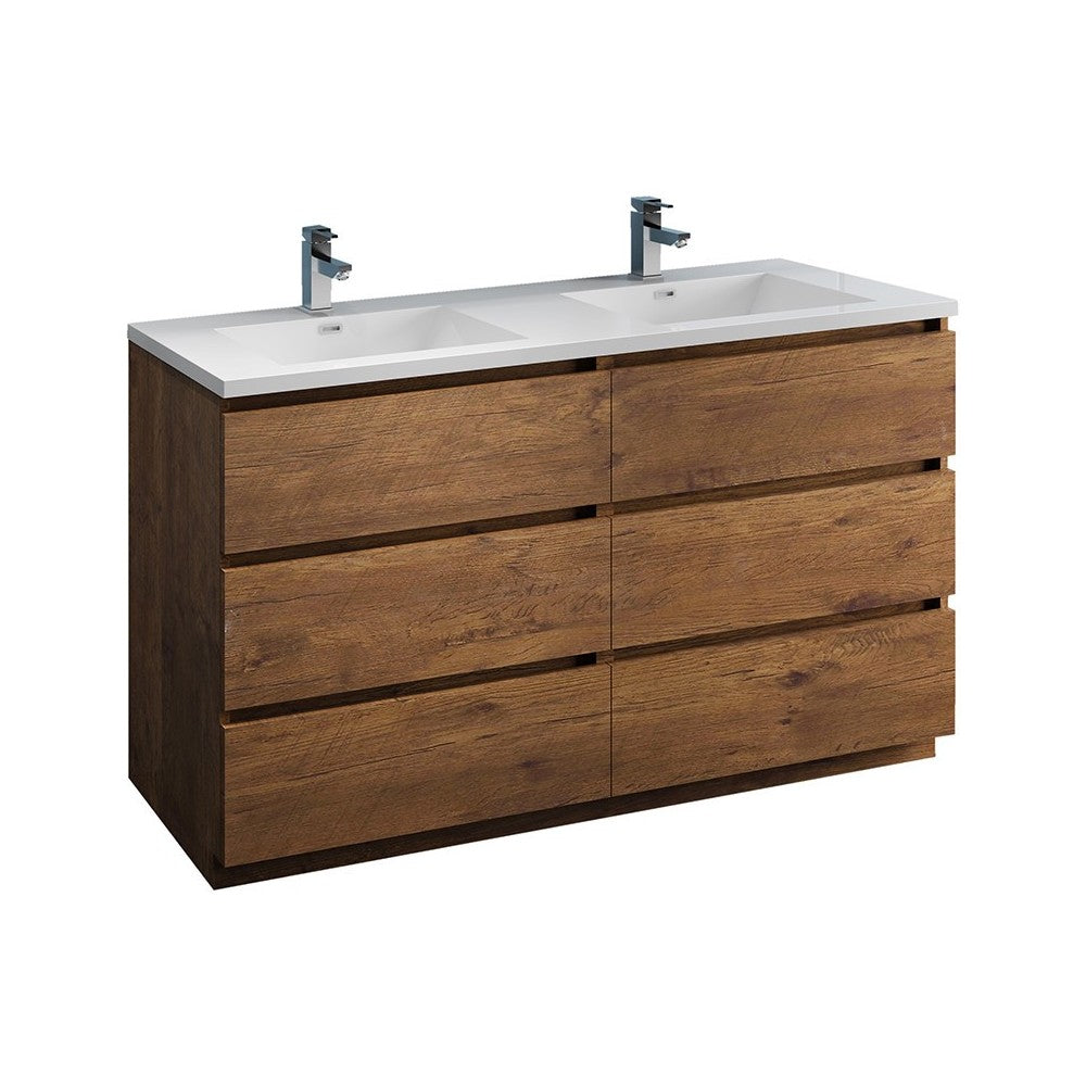 60 Rosewood Free Standing Modern Bathroom Cabinet w/ Integrated Double Sink