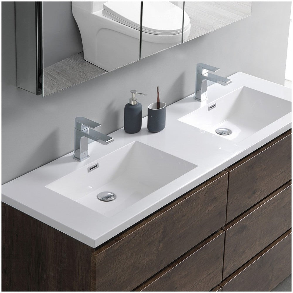 60 Rosewood Free Standing Modern Bathroom Cabinet w/ Integrated Double Sink