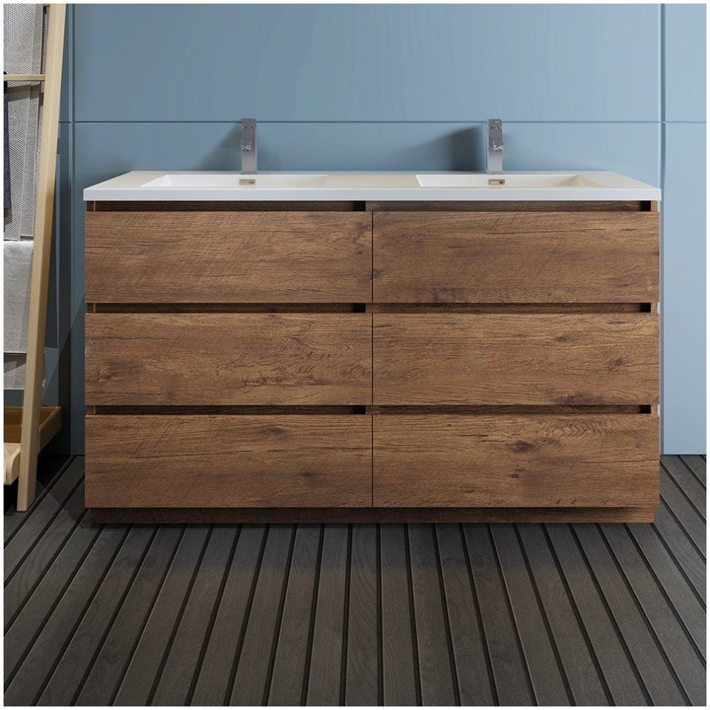 60 Rosewood Free Standing Modern Bathroom Cabinet w/ Integrated Double Sink
