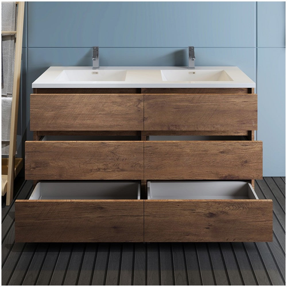 60 Rosewood Free Standing Modern Bathroom Cabinet w/ Integrated Double Sink