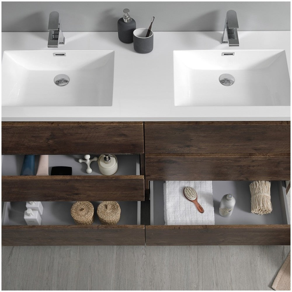 60 Rosewood Free Standing Modern Bathroom Cabinet w/ Integrated Double Sink