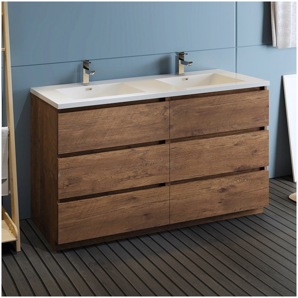 60 Rosewood Free Standing Modern Bathroom Cabinet w/ Integrated Double Sink