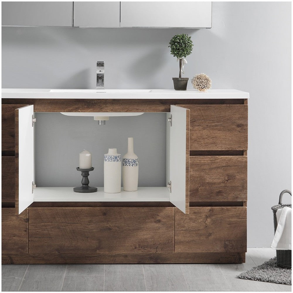 60 Rosewood Free Standing Modern Bathroom Cabinet w/ Integrated Single Sink