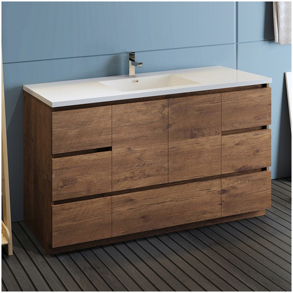 60 Rosewood Free Standing Modern Bathroom Cabinet w/ Integrated Single Sink