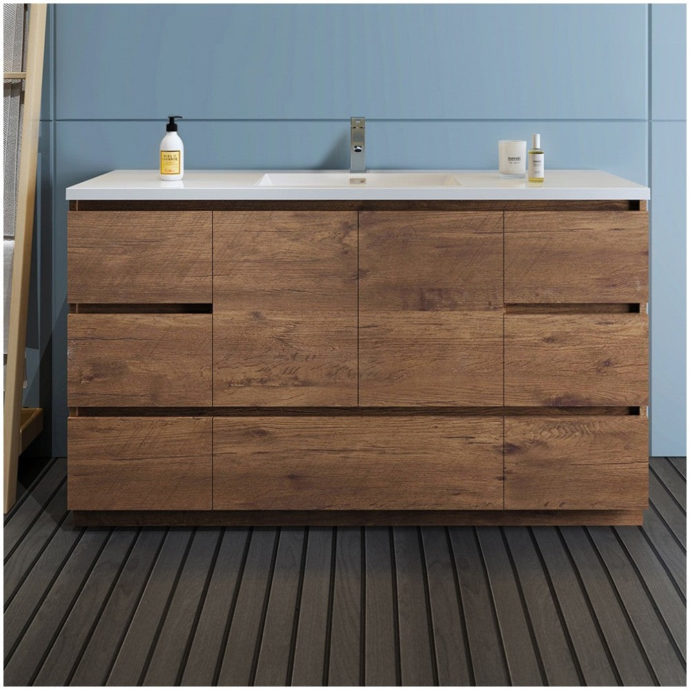 60 Rosewood Free Standing Modern Bathroom Cabinet w/ Integrated Single Sink