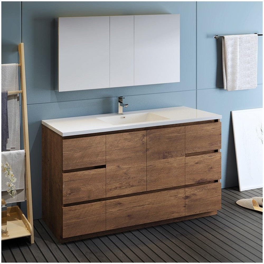 60 Rosewood Free Standing Single Sink Modern Bathroom Vanity w/ Medicine Cabinet