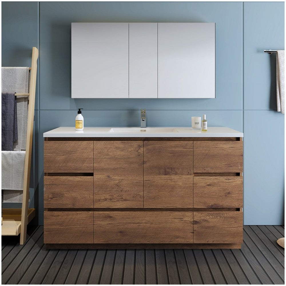 60 Rosewood Free Standing Single Sink Modern Bathroom Vanity w/ Medicine Cabinet
