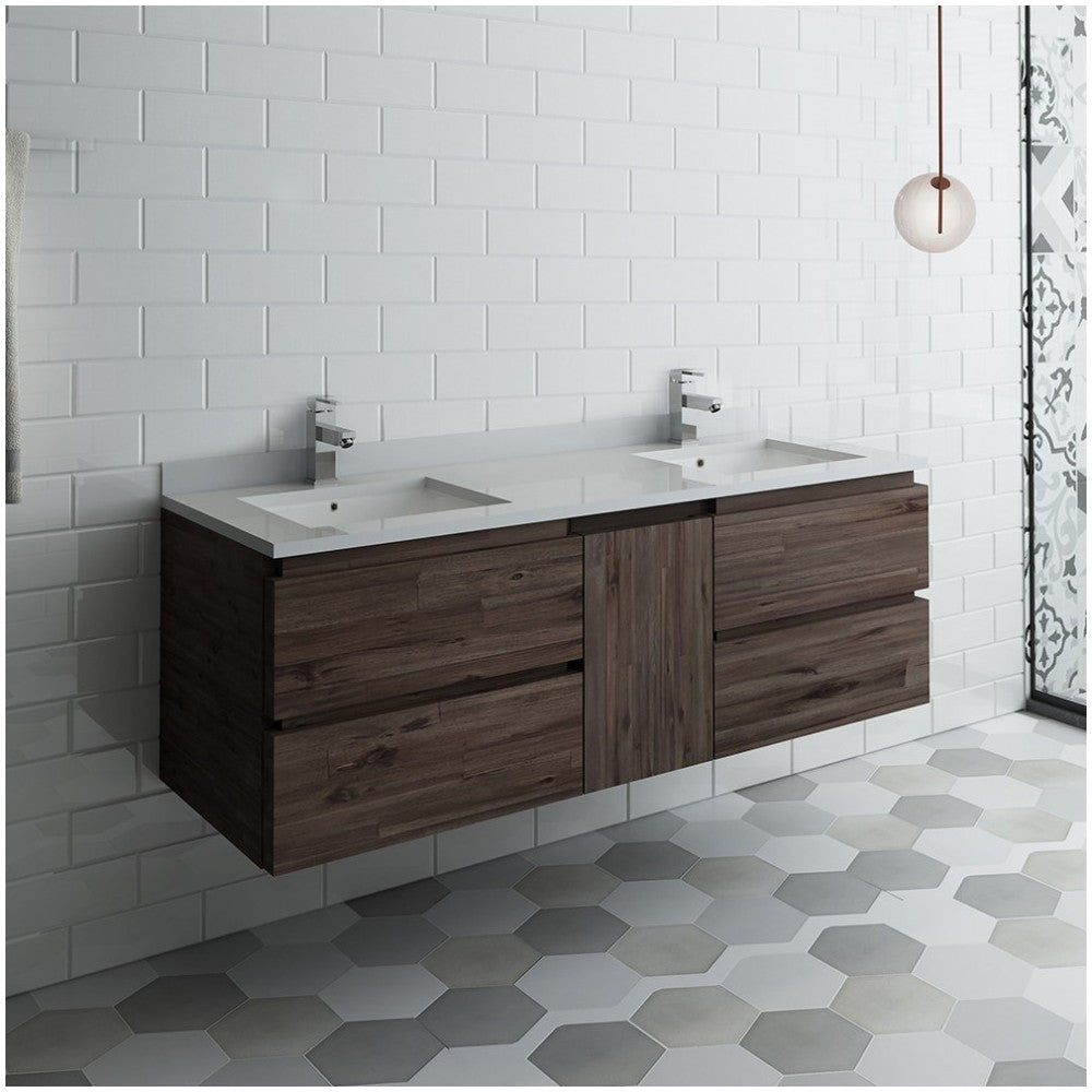 60 Wall Hung Double Sink Bathroom Cabinet w/ Top & Sinks, FCB31-241224ACA-CWH-U