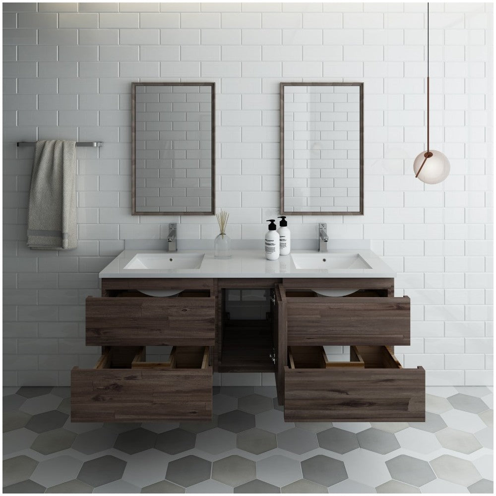 60 Wall Hung Double Sink Modern Bathroom Vanity w/ Mirrors, FVN31-241224ACA