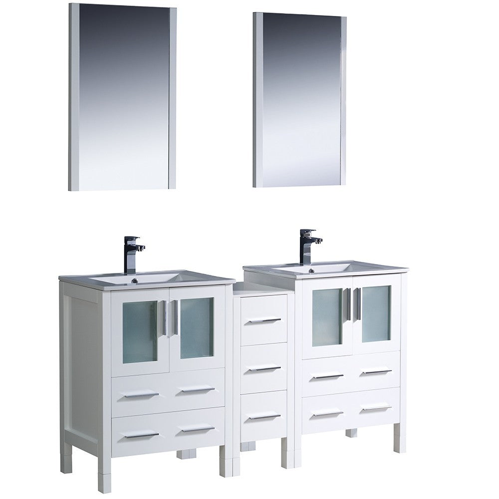 60 White Modern Double Sink Bathroom Vanity w/ Side Cabinet & Integrated Sinks