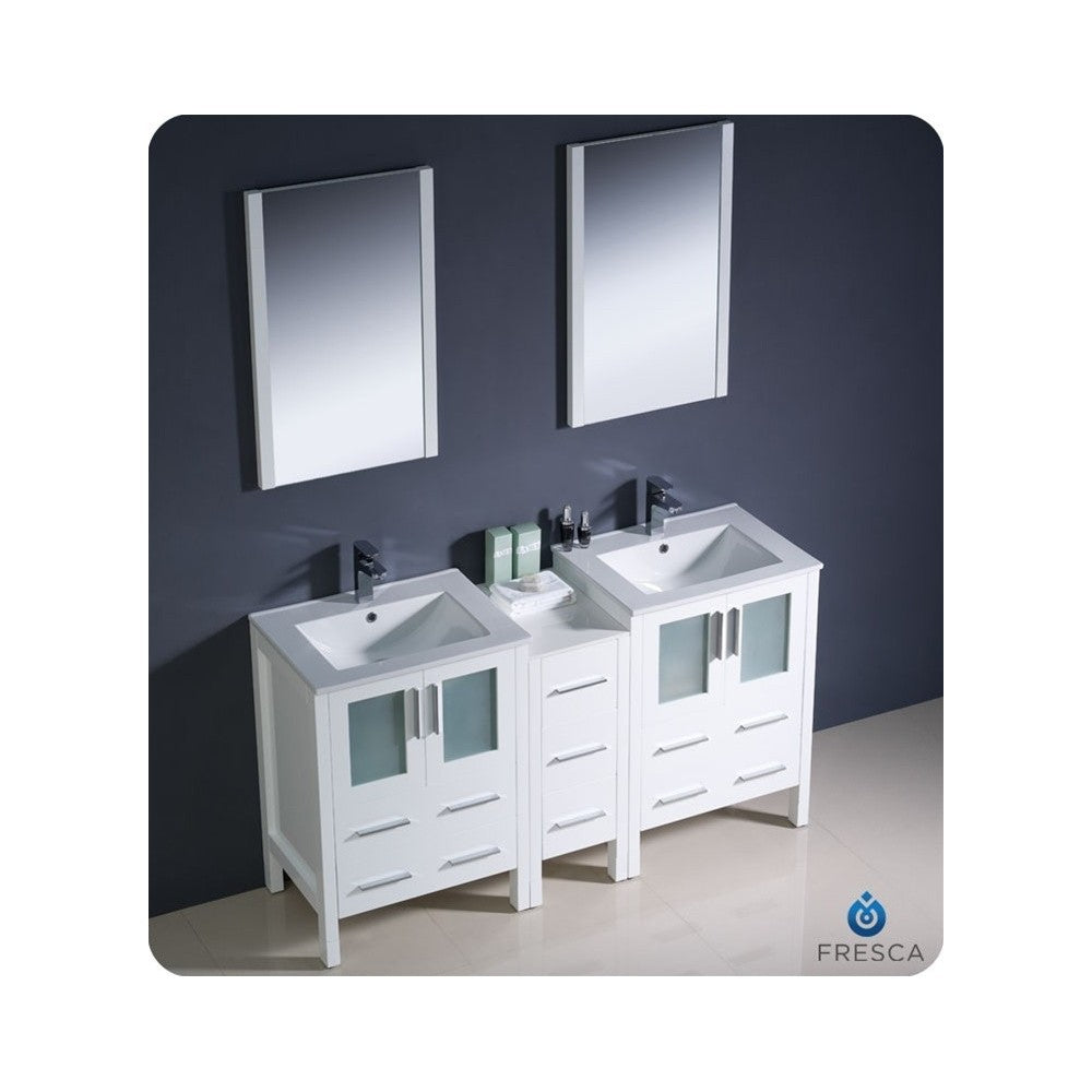 60 White Modern Double Sink Bathroom Vanity w/ Side Cabinet & Integrated Sinks