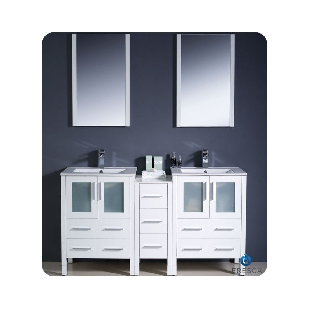 60 White Modern Double Sink Bathroom Vanity w/ Side Cabinet & Integrated Sinks