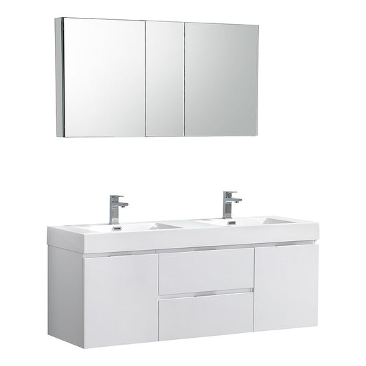 60 White Wall Hung Double Sink Modern Bathroom Vanity w/ Medicine Cabinet