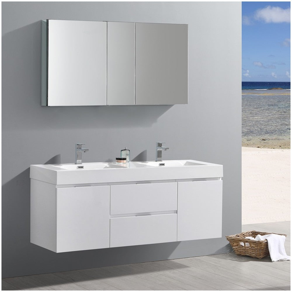 60 White Wall Hung Double Sink Modern Bathroom Vanity w/ Medicine Cabinet